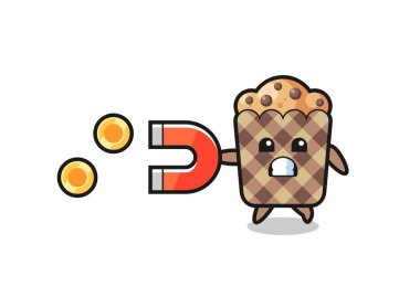 Kek karakteri altın sikkeleri yakalamak için mıknatıs tutuyor, şirin tasarım.