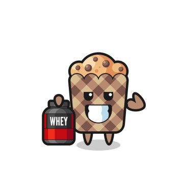 Kas keki karakteri bir protein takviyesi tutuyor, şirin bir tasarım.