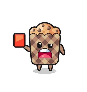 Hakem olarak tatlı kek maskotu kırmızı kart veriyor, şirin tasarım.