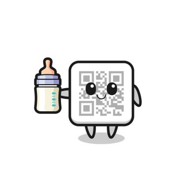 Bebek QR kod çizgi film karakteri. Süt şişesi, şirin tasarım.