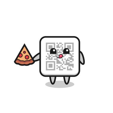 Tatlı QR kod çizgi filmi pizza yiyor, şirin tasarım.