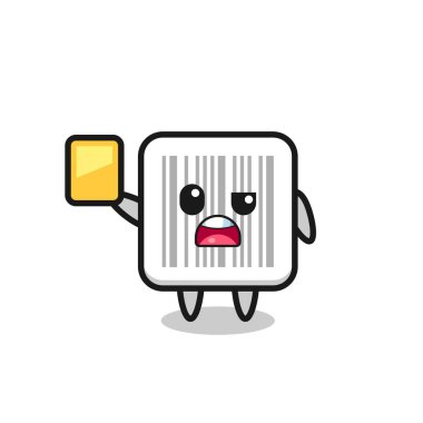 Futbol hakemi olarak çizgi film barkod karakteri sarı kart veriyor, şirin bir tasarım.