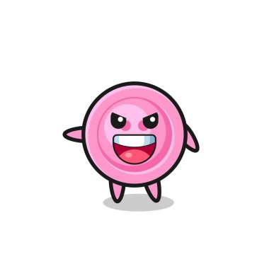 Kıyafet düğmesi çizgi filmi, çok heyecanlı poz, şirin tasarım.