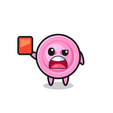 Giyim düğmesi sevimli maskot hakem kırmızı kart veriyor, şirin tasarım.