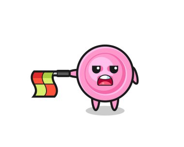 Çizgi yargıcı olarak giysi düğmesi karakteri bayrağı yatay olarak düz tut, şirin tasarım