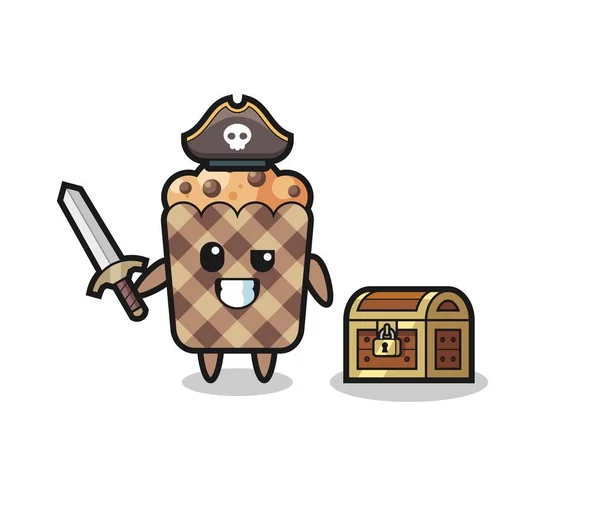 Personagem Pirata Muffin Segurando Espada Lado Uma Caixa Tesouro Design — Vetor de Stock