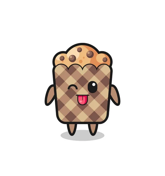 Simpatico Personaggio Muffin Dolce Espressione Mentre Sporgeva Lingua Design Carino — Vettoriale Stock