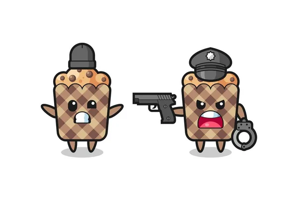 Illustration Voleur Muffins Avec Pose Mains Levées Attrapé Par Police — Image vectorielle