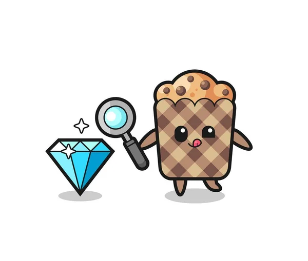 Mascote Muffin Está Verificando Autenticidade Diamante Design Bonito — Vetor de Stock