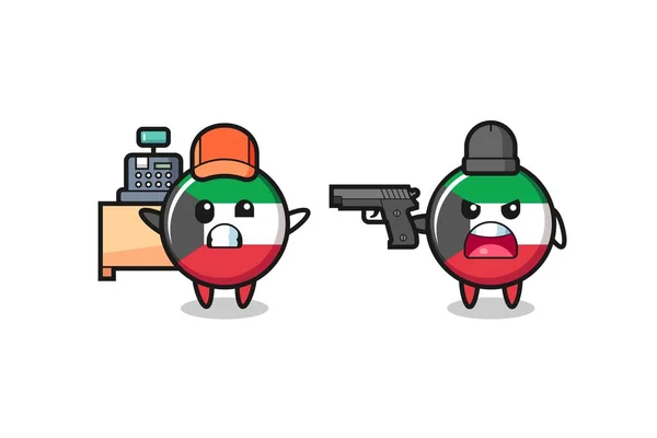 Иллюстрация Милый Флаг Кувейта Кассир Направлен Пистолет Грабитель Милый Дизайн — стоковый вектор