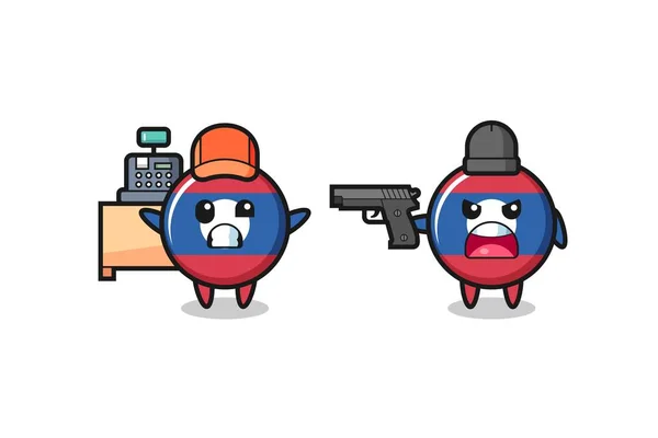 Illustration Cute Laos Flag Cashier Pointed Gun Robber Cute Design — Stock Vector