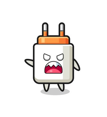 Sevimli güç adaptörü karikatürü çok kızgın bir poz, şirin bir tasarım.