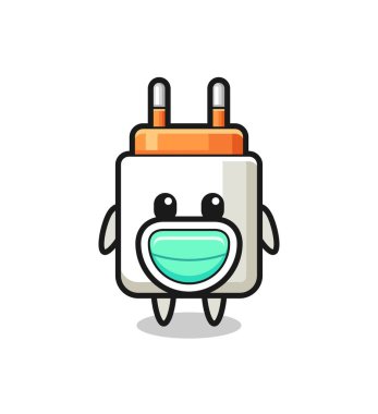 Maske takan sevimli güç adaptörü çizgi filmi, şirin tasarım.