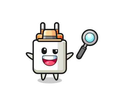 Bir davayı çözmeyi başaran bir dedektif olarak güç adaptörü maskotunun çizimi, şirin tasarım.