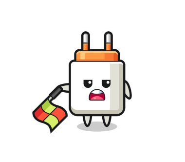 Güç adaptörü karakteri çizgi hakemi olarak bayrağı 45 derecelik açıyla tutun, şirin tasarım