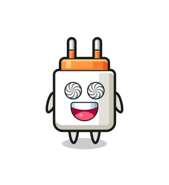 Hipnotize edilmiş gözleri ve şirin tasarımı olan sevimli güç adaptörü karakteri.