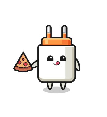 Sevimli güç adaptörü çizgi film pizza yiyor, şirin tasarım.