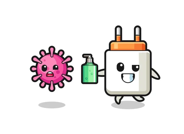 Illustration Power Adapter Character Chasing Evil Virus Hand Sanitizer Cute — Stock Vector