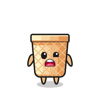 Tatlı waffle külahı maskotunun şok olmuş yüzü, şirin tasarım.
