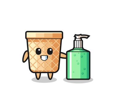 El dezenfektanlı tatlı waffle külahı çizgi filmi, şirin tasarım.