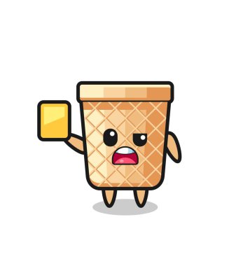Futbol hakemi olarak çizgi film waffle konisi karakteri sarı kart veriyor, şirin bir tasarım.