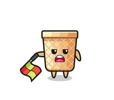 Çizgi hakemi olarak waffle konisi karakteri bayrağı 45 derecelik açıyla aşağıda tut, şirin tasarım