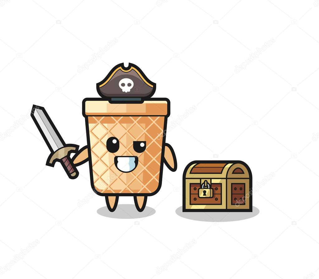 the waffle cone pirate character holding sword beside a treasure box , cute design