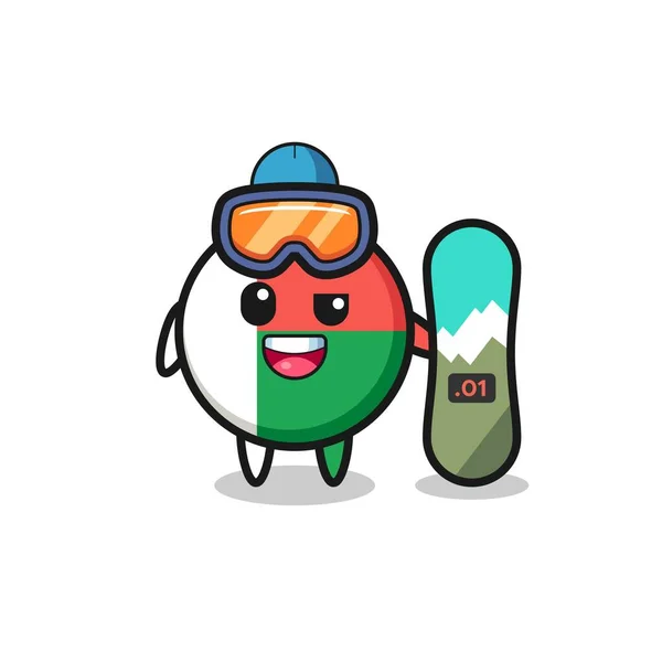 Illustration Madagascar Flagga Karaktär Med Snowboard Stil Söt Design — Stock vektor