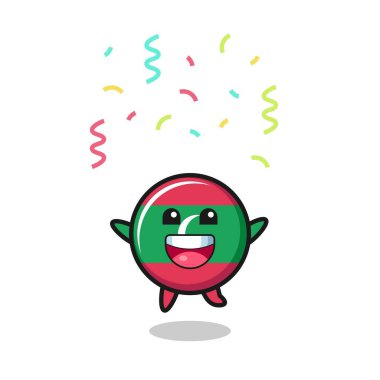 Mutlu maldivler bayrak maskotu renkli konfeti ile tebrik etmek için atlama, şirin tasarım