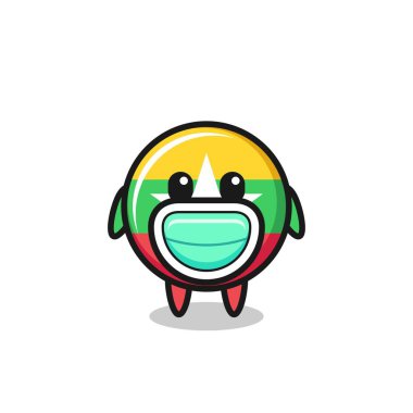 Maske takan şirin bir miyanmar bayrak karikatürü, şirin bir tasarım.