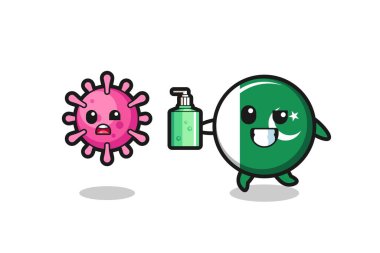 Pakistan bayrağı karakteri el dezenfektanı ile kötü virüsü kovalıyor, şirin bir tasarım.
