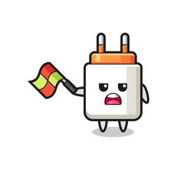 Güç adaptörü çizgi filmi çizgi film hakimi bayrağı 45 derecelik açıyla kaldırıyor, şirin tasarım.