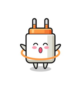 Sevimli güç adaptörü çizgi filmi hula hoop oynuyor, şirin tasarım.