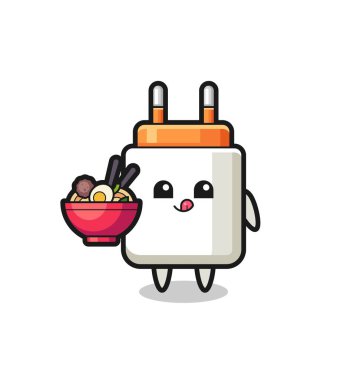 Sevimli güç adaptörü karakter erişte yiyor, şirin tasarım.