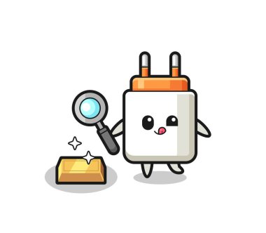 Güç adaptörü karakteri altın külçesinin gerçekliğini kontrol ediyor, şirin tasarım.