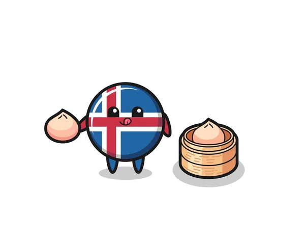 Cute Iceland Flag Character Eating Steamed Buns Cute Design — Stock Vector
