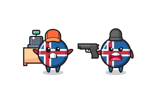 Illustration Den Söta Island Flaggan Som Kassör Riktad Pistol Rånare — Stock vektor