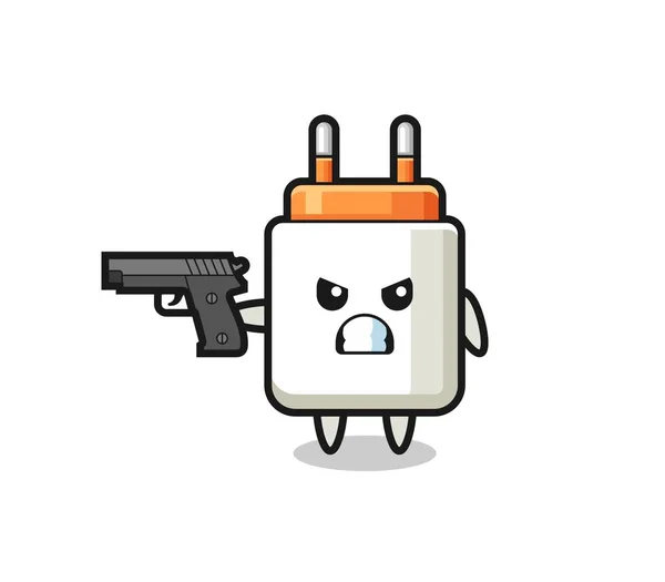 Cute Power Adapter Character Shoot Gun Cute Design — Stock Vector
