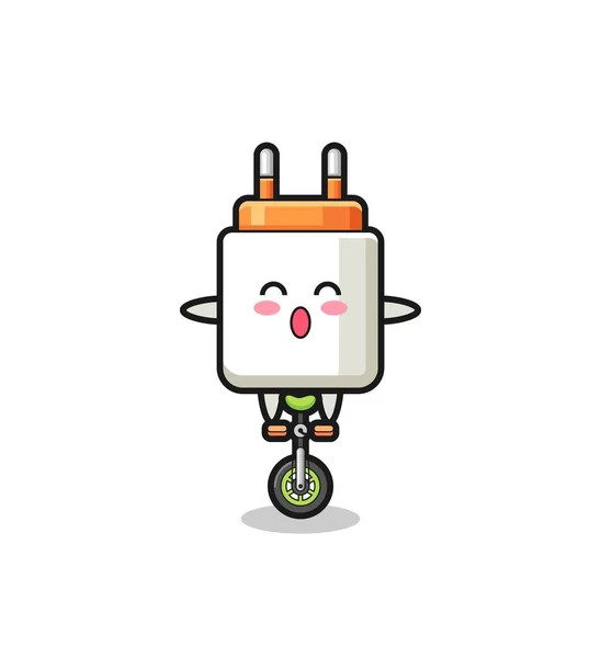 Sevimli Güç Adaptörü Karakteri Sirk Bisikleti Sürüyor Şirin Tasarım — Stok Vektör