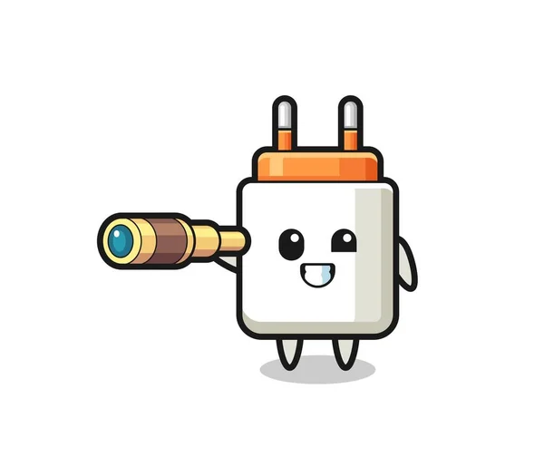 Karakter Cute Power Adapter Memegang Teleskop Tua Desain Lucu - Stok Vektor