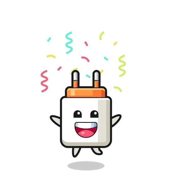 Feliz Adaptador Corriente Mascota Saltando Para Felicitar Con Confeti Color — Vector de stock