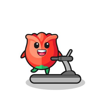 Gül çizgi film karakteri koşu bandında yürüyor, şirin bir tasarım.