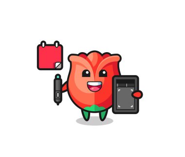 Gül maskotunun grafik tasarımcı olarak tasviri, şirin tasarım.