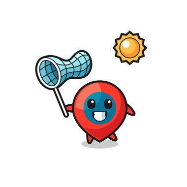 konum sembolü maskotu illüstrasyonu kelebeği yakalıyor, şirin tasarım