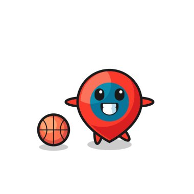 Konum sembolü karikatürü basketbol oynuyor, şirin tasarım.