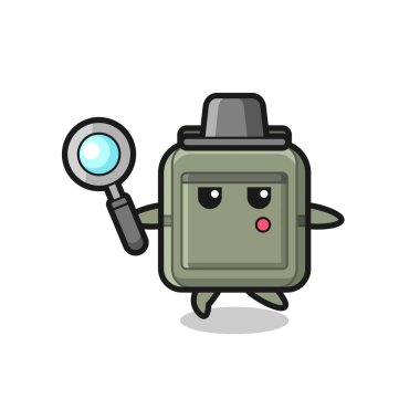 Okul çantası çizgi film karakteri büyüteçle arıyor, şirin bir tasarım.