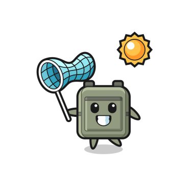 Okul çantası maskotu illüstrasyonu kelebek yakalıyor, şirin tasarım.