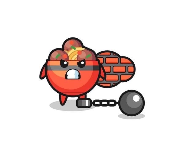 Personaje Mascota Del Tazón Albóndigas Como Prisionero Lindo Diseño — Vector de stock