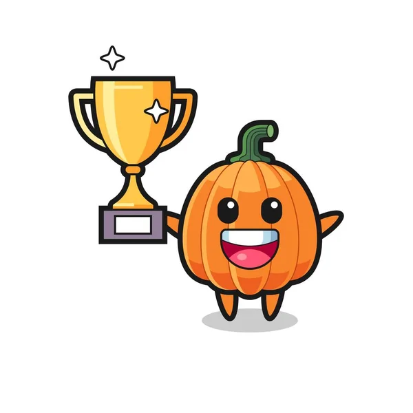 Cartoon Illustration Pumpkin Happy Holding Golden Trophy Cute Design — Stock Vector