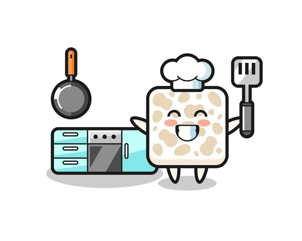 Tempeh Character Illustration Chef Cooking Cute Design — Stock Vector